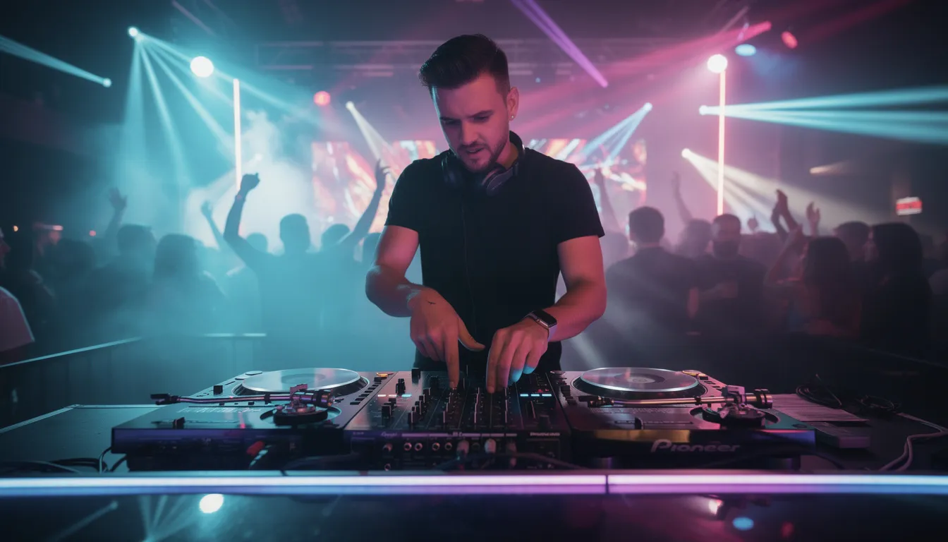 A DJ is performing at a lively club, surrounded by turntables and vibrant stage lighting that creates an energetic atmosphere. The scene captures the essence of music production, where audio engineers and music producers come together to enjoy the beats and rhythms of the night.
