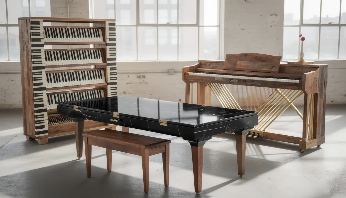 The image showcases a variety of reclaimed wood furniture pieces creatively crafted from repurposed piano components, including elegant tabletops and unique chairs. These items reflect the artistry of recycling old pianos, emphasizing both sustainability and the sentimental value of musical instruments.