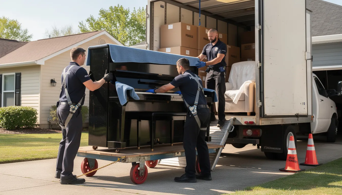 A team of professional movers is carefully loading an upright piano onto a truck using specialized equipment, including straps and dollies, to ensure safe piano removal. The movers are focused on the task, highlighting the importance of efficient piano moving to protect the instrument during transport.