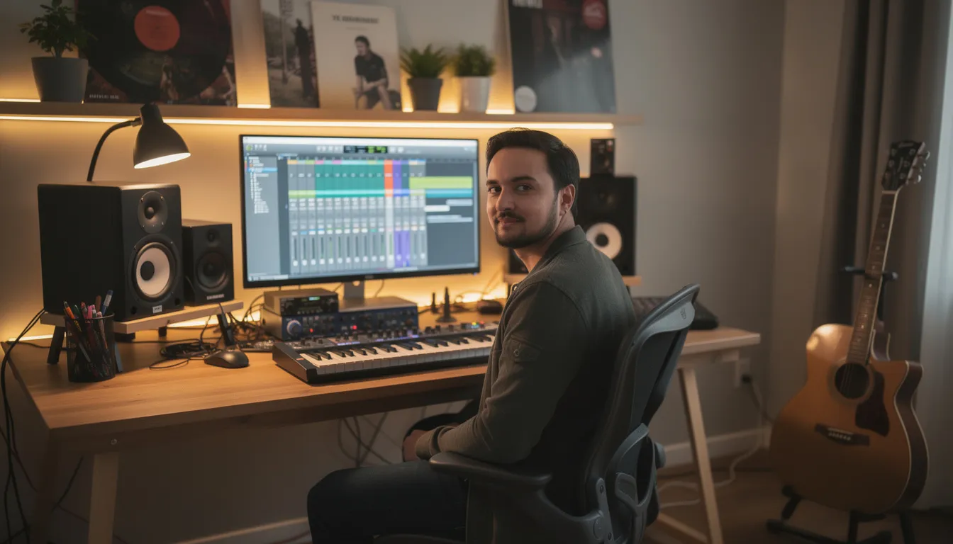 A musician is seated at a home studio desk, surrounded by a computer, a keyboard, and an acoustic guitar, engaged in music production. The setup suggests a focus on audio files and the creation of backing tracks, with tools for isolating vocals and other instruments nearby.
