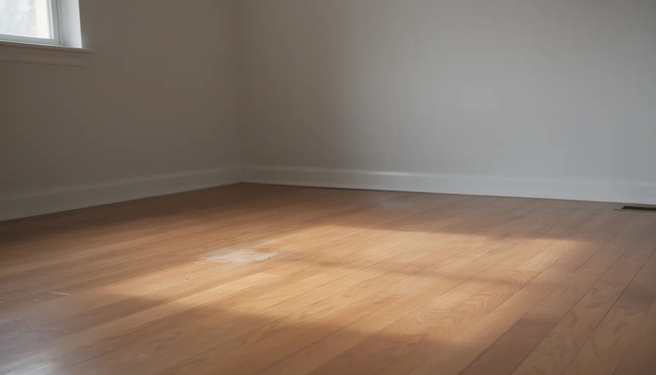 The image depicts an empty corner of a room where a grand piano once stood, revealing clean floors and a clear space, indicating recent piano removal. The absence of the piano highlights the room's openness, suggesting it may be ready for new furniture or activities.