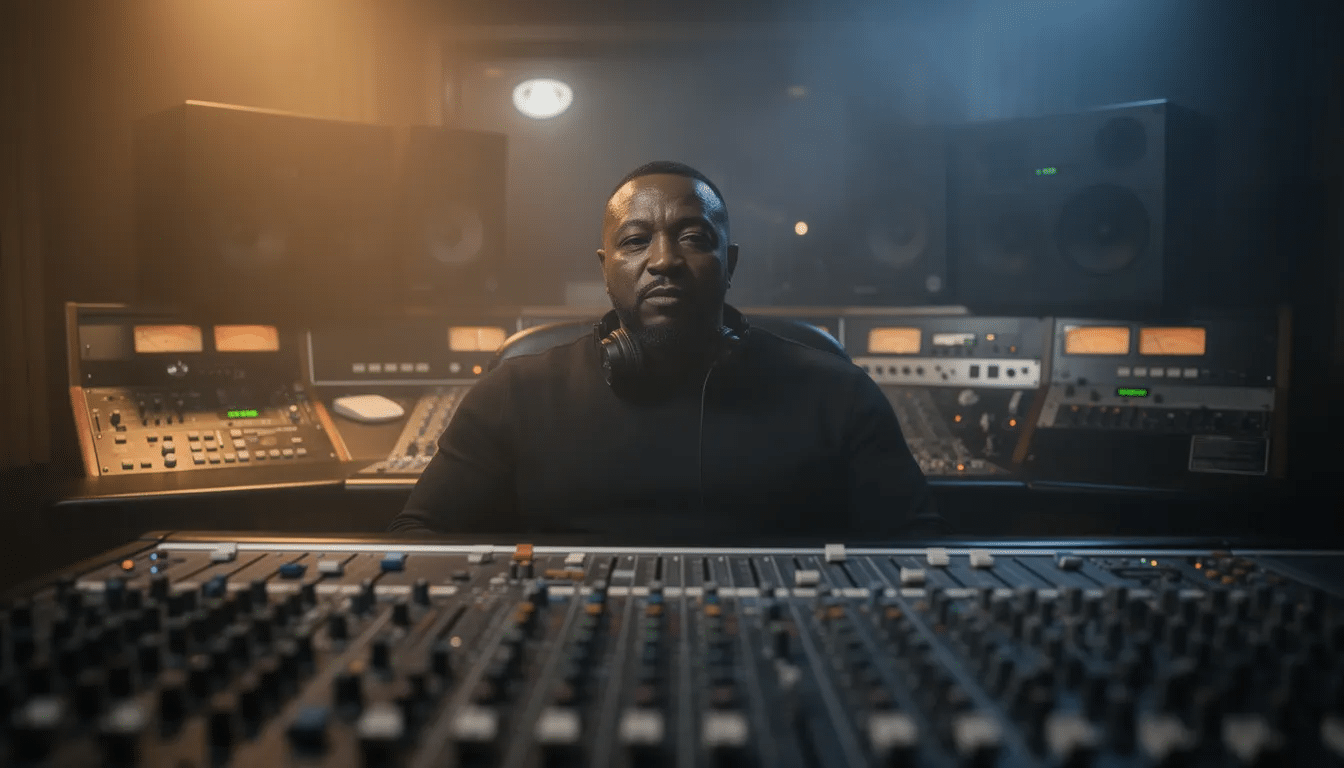 The image features Dr. Dre, a key figure in the hip hop industry, known for his influential role in shaping west coast rap and gangsta rap. He is depicted with a confident expression, embodying the essence of hip hop culture while surrounded by elements that reflect his successful career, including references to iconic tracks like "California Love" and "Forgot About Dre."