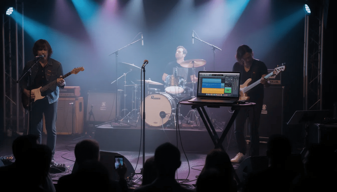 A lively concert stage features a band performing energetically, with a laptop positioned near the entire drum kit, facilitating live playback of audio tracks for the show. The setup highlights the importance of music production, allowing for the seamless integration of multiple tracks and individual elements during the performance.