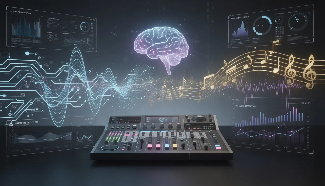 The image depicts an interface for an AI music detection tool, showcasing features that analyze audio files to identify ai generated music. It highlights the importance of this technology in the music industry for detecting subtle differences between human-created and ai generated tracks.