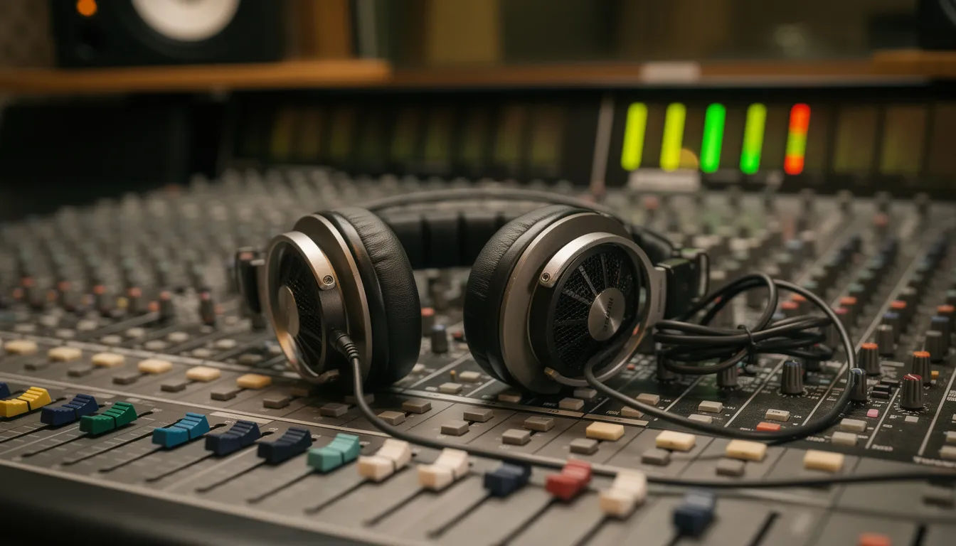 The image shows professional studio headphones resting on a mixing console, featuring faders and LED meters, essential tools for music producers and audio engineers in the music industry. This setup highlights the technology used in music production to manipulate audio files and create high-quality tracks.