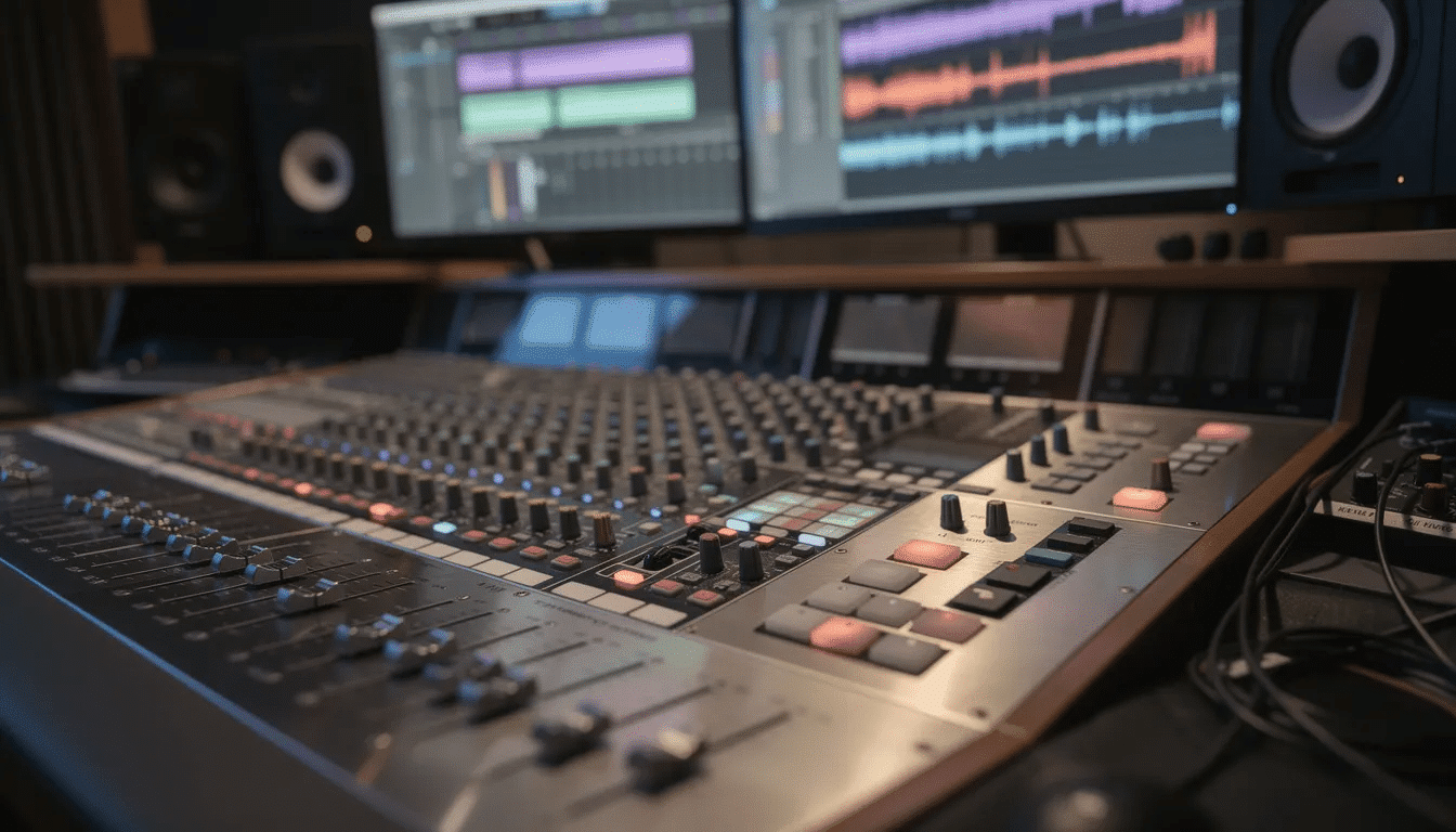 The image depicts a recording studio mixing console featuring multiple faders and audio monitors that display waveforms of various audio tracks. This setup is essential for music production, allowing mix engineers to control individual elements such as vocal stems, drum stems, and other instrument tracks to create the final mix.