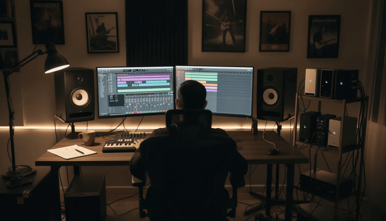 A music producer is working in a home studio, surrounded by external hard drives used for audio file storage. The setup includes multiple tracks and stems, such as vocal, bass, and drum stems, allowing for detailed audio production and creative control over the final mix.
