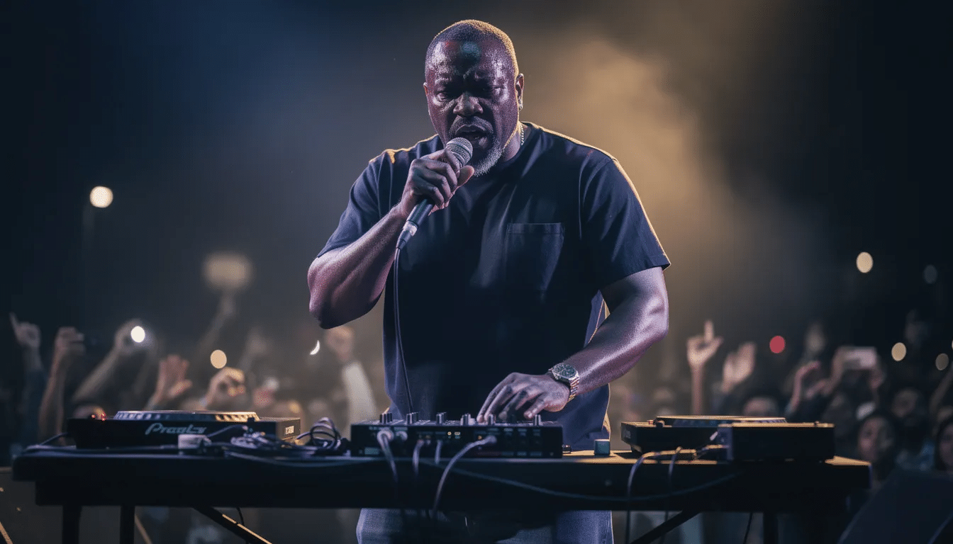 The image depicts Dr. Dre, an iconic figure in hip hop, known for his influential role in the music industry and as a pioneer of West Coast rap. He is often associated with gangsta rap and has collaborated with artists like Snoop Dogg and Ice Cube, significantly impacting the genre with his unique production style and successful albums.