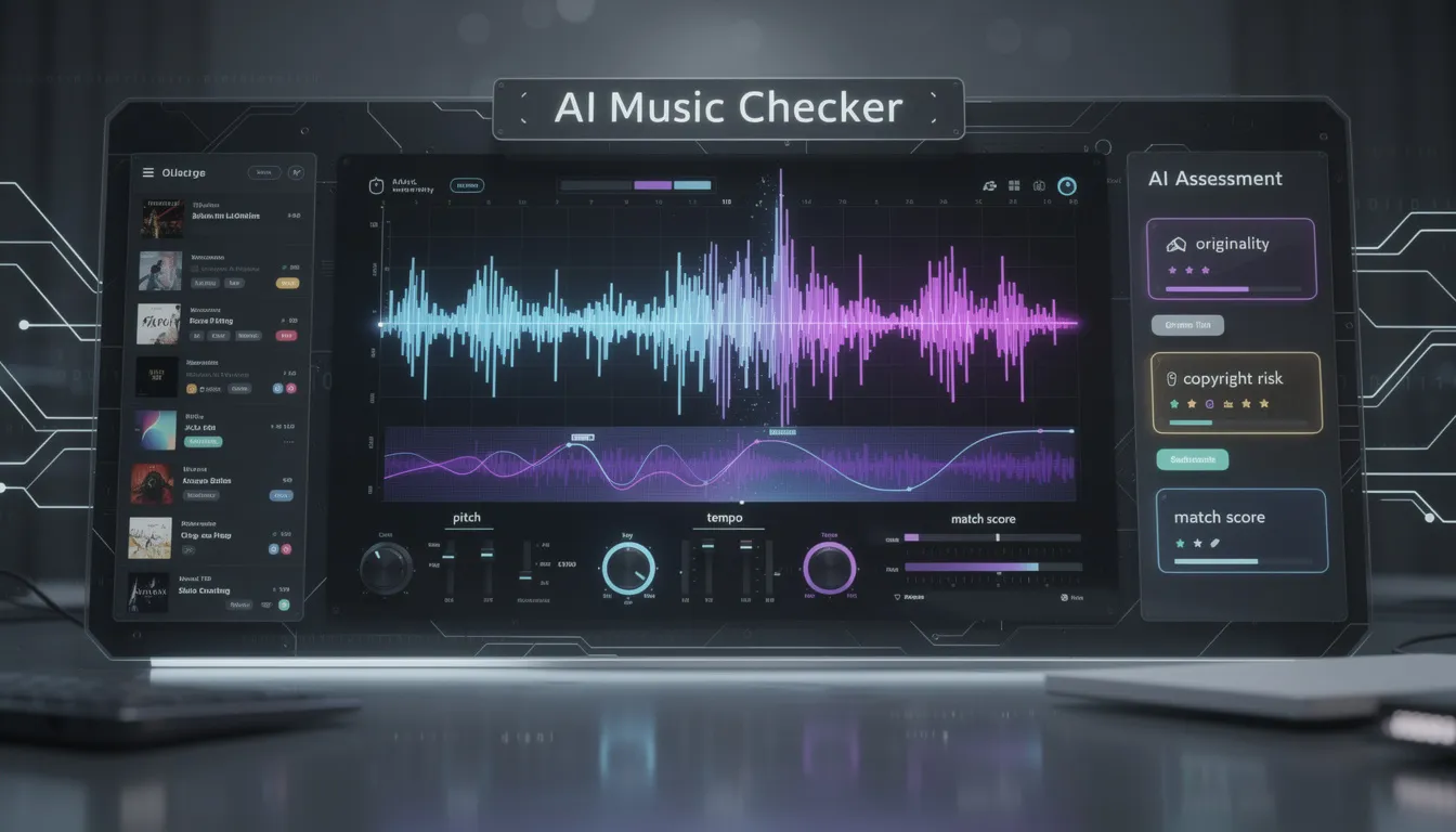 The image depicts an interface of an AI Music Checker tool designed for detecting AI-generated music. It showcases features for analyzing audio files, identifying subtle differences between human-created songs and AI-generated tracks, and ensuring authenticity for music enthusiasts and record labels in the evolving music industry.