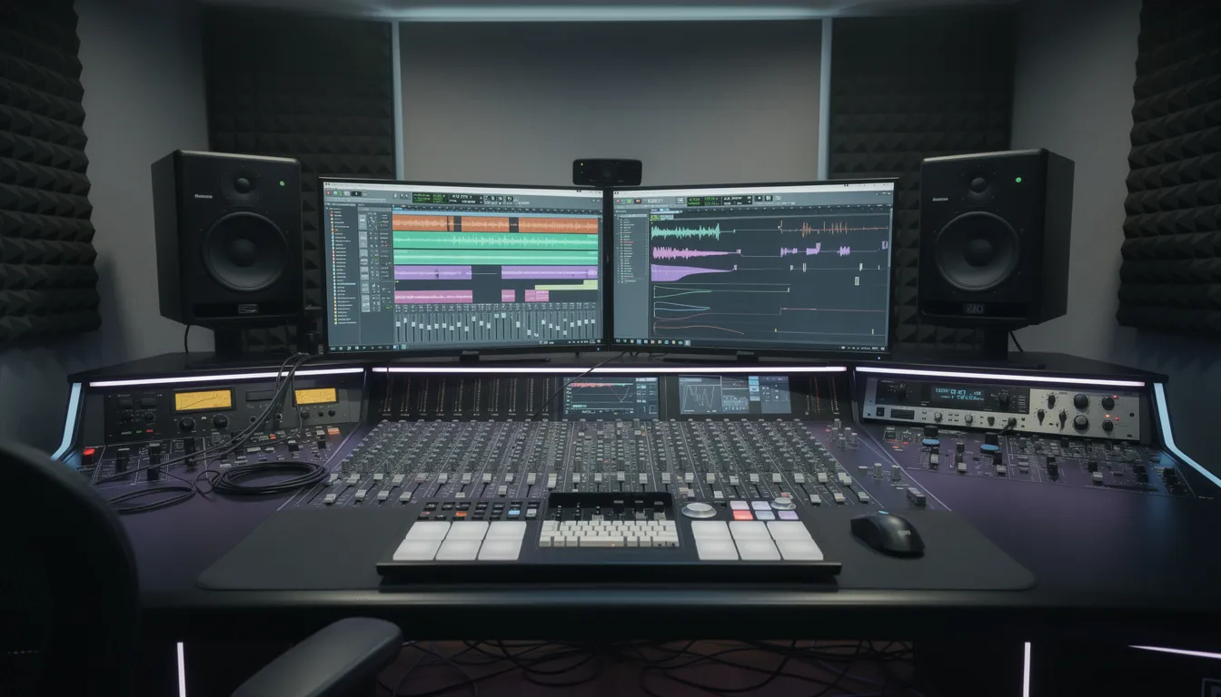 The image features a modern recording studio setup, showcasing monitors displaying vibrant audio waveforms alongside a MIDI controller on the desk, essential tools for music producers and audio engineers in the music industry. This environment is equipped for processes like stem separation and vocal extraction, highlighting the technology used for music production.