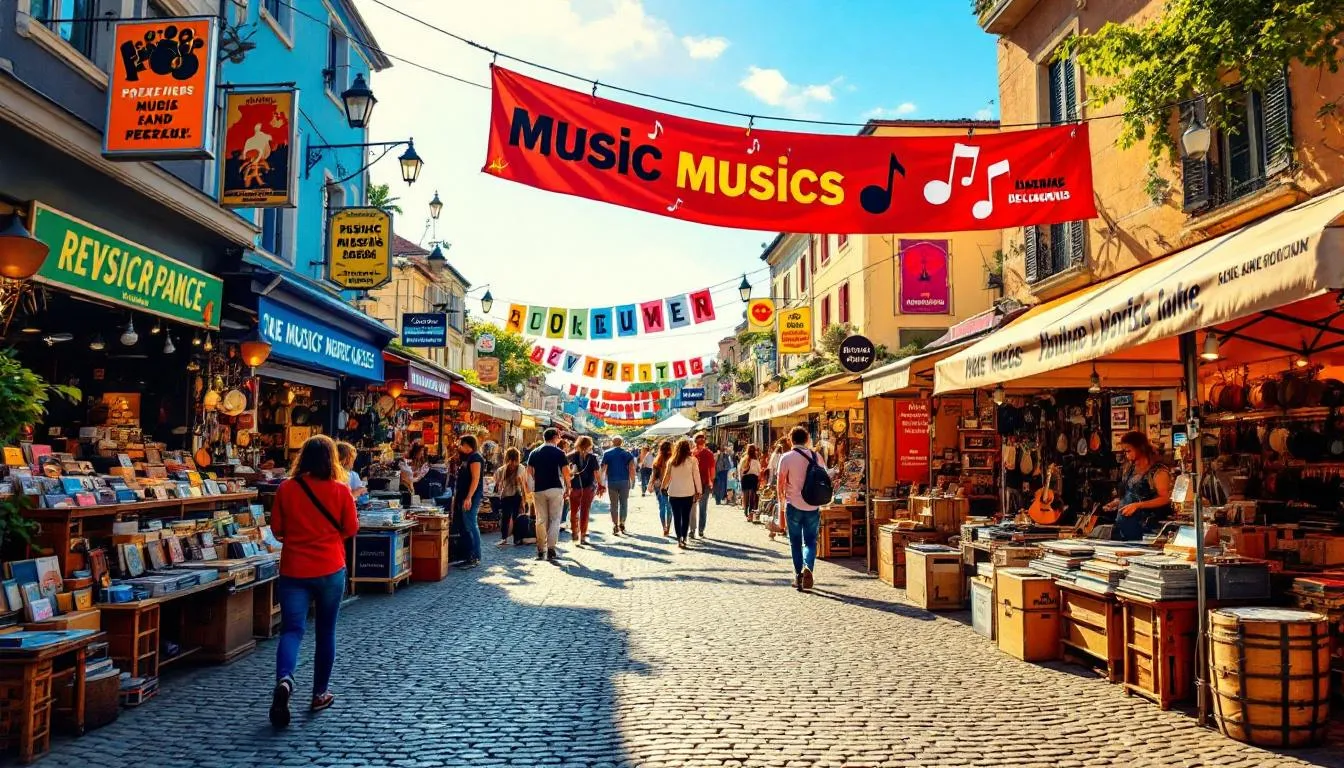 The image depicts a vibrant online music marketplace showcasing various freelance services, where clients can post jobs and hire talented freelancers for creative projects like graphic design and web development. It highlights the benefits of using a global freelance platform, featuring profiles of skilled professionals and the option for clients to review proposals from multiple freelancers worldwide.