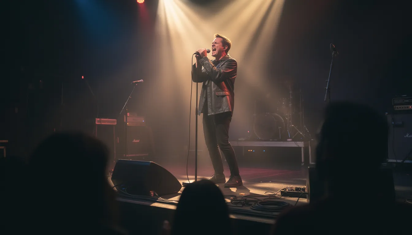 A passionate artist stands on a small stage, gripping a microphone as dramatic lighting casts vivid shadows, creating an electrifying atmosphere perfect for delivering high-quality rap lyrics. The scene captures the essence of hip hop, with the artist's dynamic presence and flow engaging the audience in a unique musical experience.