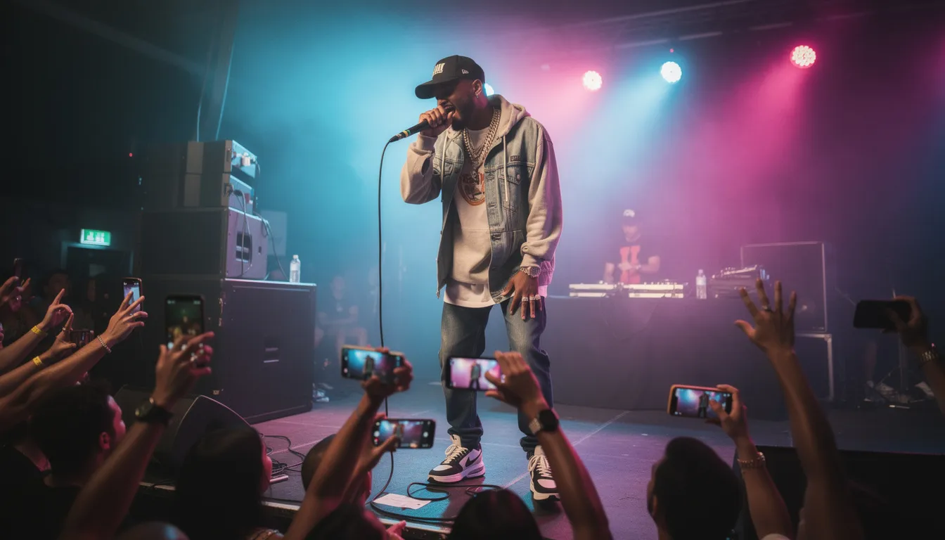 The image features a lively hip-hop music performance, showcasing a rapper on stage with a dynamic crowd in front, capturing the essence of hip hop culture. The artist's energetic presence and the audience's enthusiasm reflect the genre's vibrant history and its impact on music and entertainment.