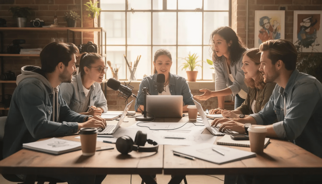 A group of young people is gathered in a creative studio, collaborating around a laptop and microphone, as they brainstorm and write original rap lyrics. The atmosphere is vibrant, filled with fresh ideas and the energy of aspiring rappers crafting their next hit.