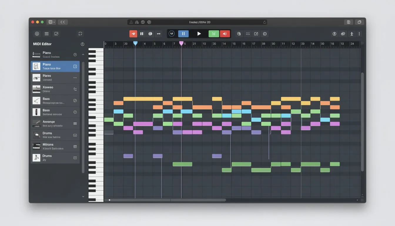 An online MIDI editor interface displaying a piano roll where users can create and manipulate digital sounds, edit midi files, and compose melodies using virtual instruments. The layout includes options for adjusting tempo, pitch, and velocity, making it accessible for musicians and music makers to start creating their own tracks.