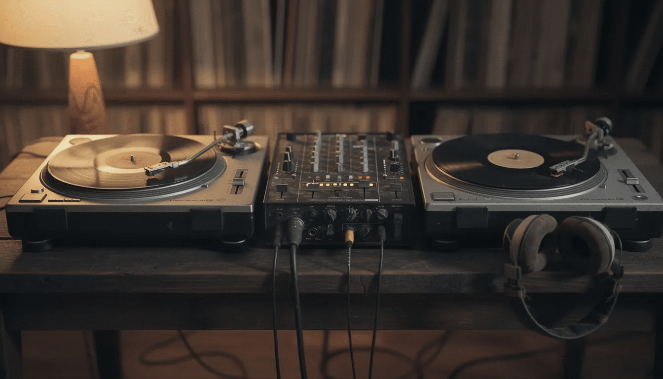 The image features a vintage turntable setup, showcasing two record players and a mixer on a table, perfect for creating hip hop music and exploring the art form of rap. This setup invites listeners to dive into the rhythm and flow of their favorite rap songs, reminiscent of iconic artists like Jay Z and Snoop Dogg.