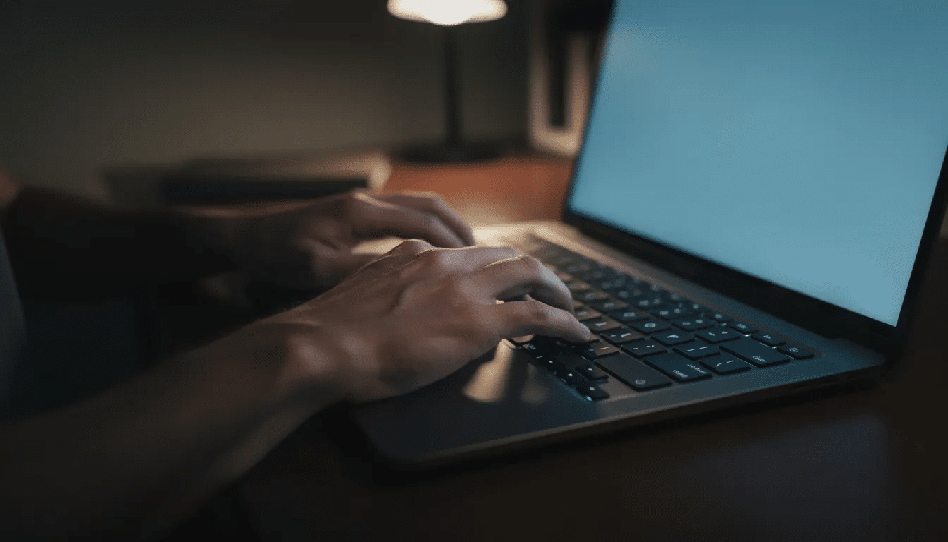 The image shows a close-up of hands actively typing on a laptop keyboard in a dimly lit room, suggesting a creative process, possibly for writing rap lyrics or generating unique rap lyrics using an AI tool. The atmosphere hints at the focus and inspiration needed to craft original songs or complex rhyme schemes in the hip hop genre.