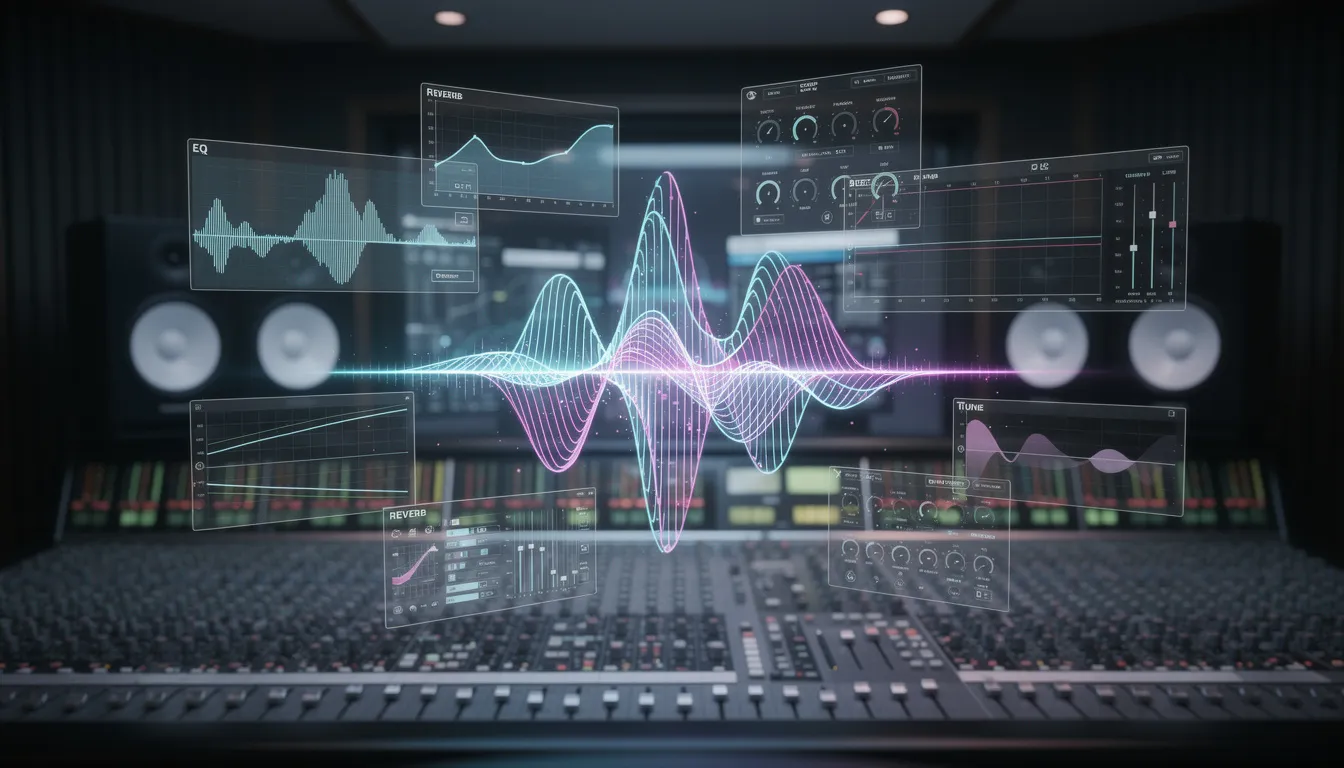 The image depicts a digital audio workstation interface focused on vocal processing, showcasing various settings for pitch correction and vocal tuning. Users can see options to adjust vocal tracks in real time, ensuring that the vocals sound professional and stay in the same key for optimal music production.