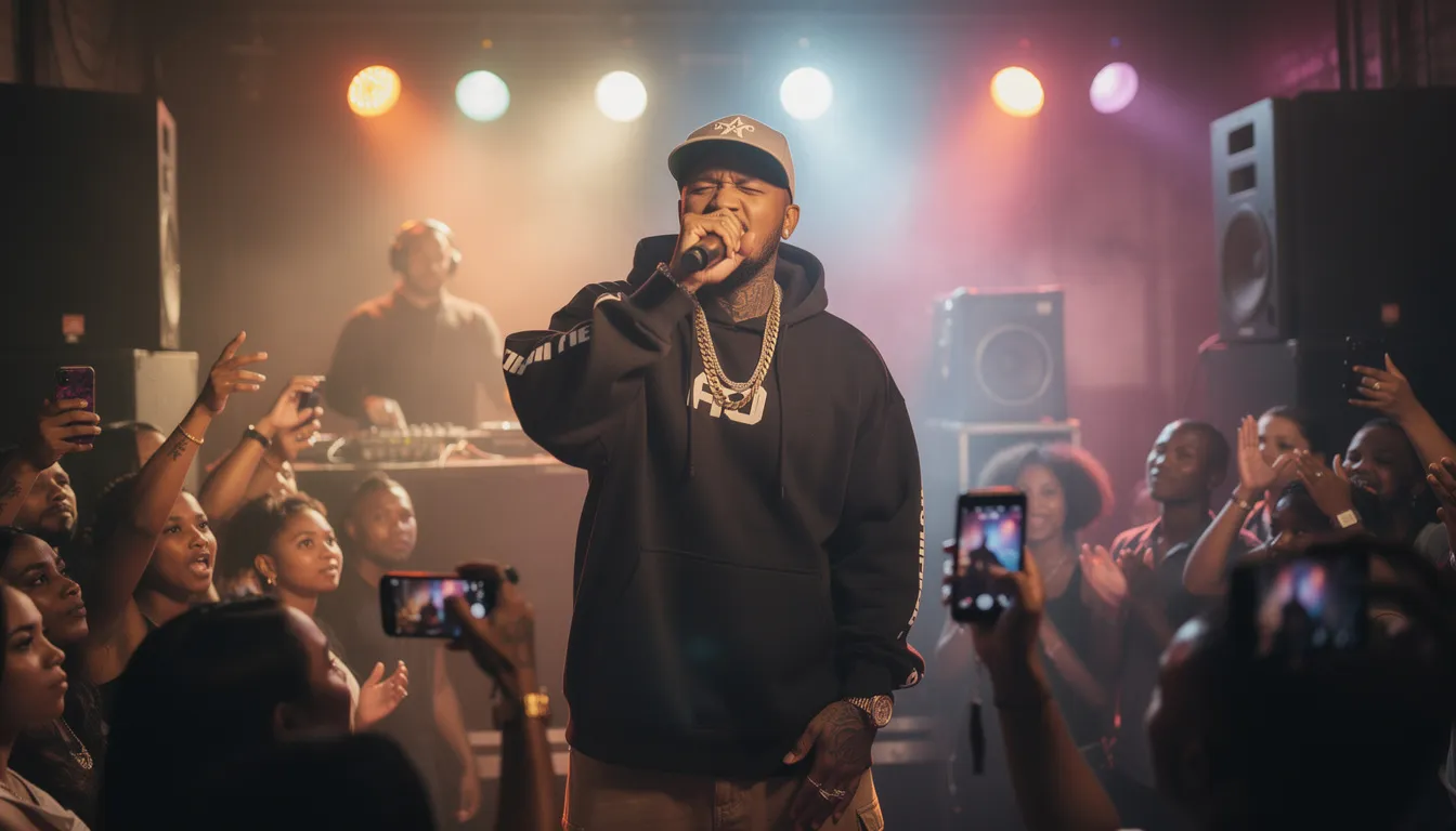 The image features a lively hip-hop music performance, showcasing a rapper on stage with a dynamic crowd in front, capturing the essence of hip hop culture. The artist's energetic presence and the audience's enthusiasm reflect the genre's vibrant history and its impact on music and entertainment.
