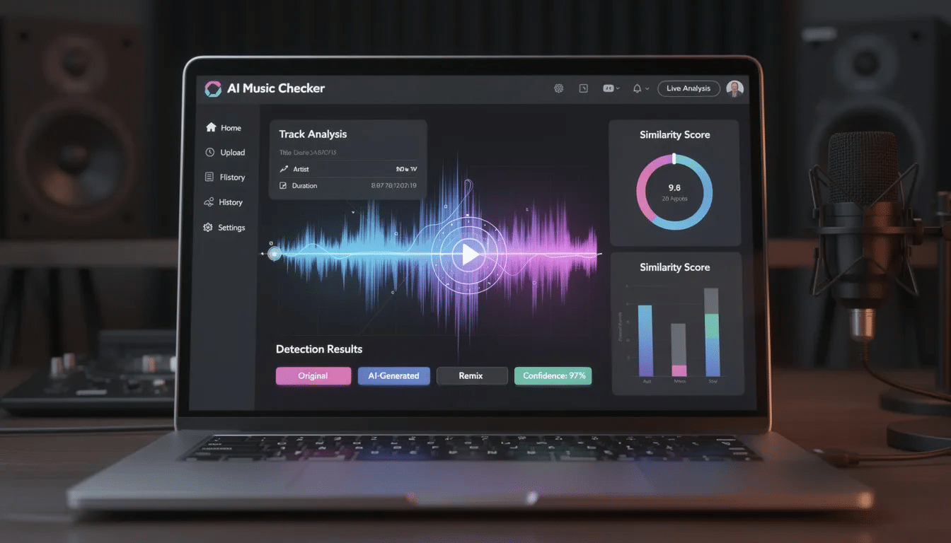 The image depicts an interface of an AI Music Detector tool designed to analyze audio files for AI-generated music. It showcases features for detecting AI-generated songs, providing insights into audio characteristics and patterns, and is aimed at musicians and listeners in the music industry.