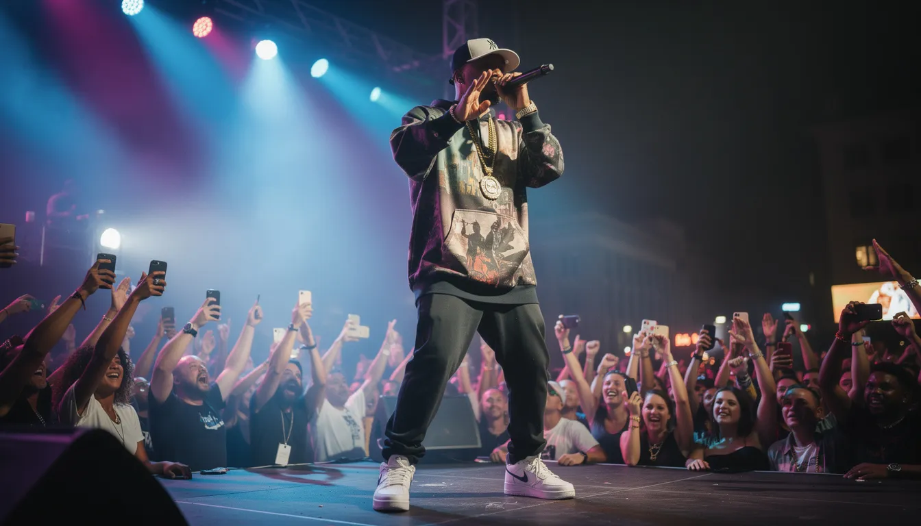 The image features a lively hip-hop music performance, showcasing a rapper on stage with a dynamic crowd in front, capturing the essence of hip hop culture. The artist's energetic presence and the audience's enthusiasm reflect the genre's vibrant history and its impact on music and entertainment.