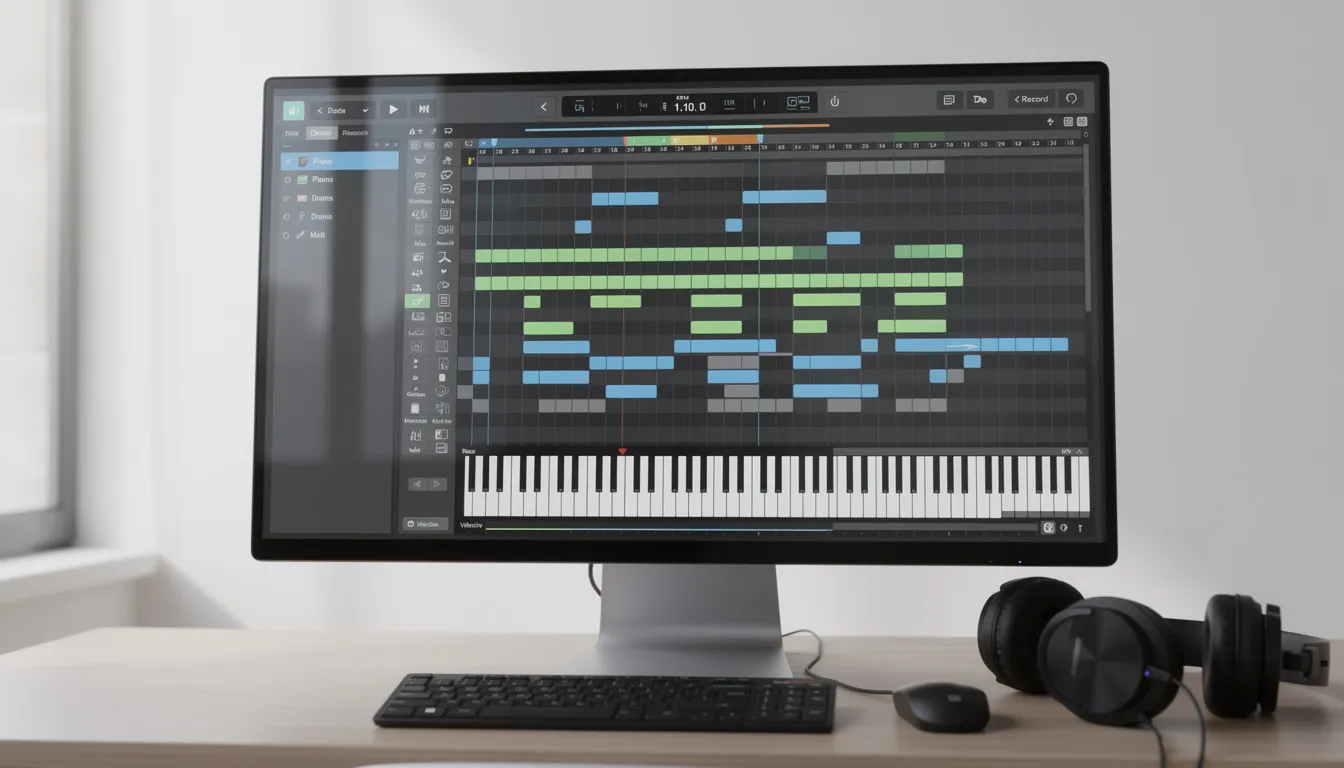 An online MIDI editor interface displaying a piano roll where users can create and manipulate digital sounds, edit midi files, and compose melodies using virtual instruments. The layout includes options for adjusting tempo, pitch, and velocity, making it accessible for musicians and music makers to start creating their own tracks.