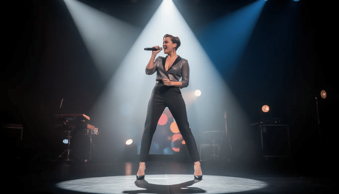 A female performer passionately holds a microphone on stage, illuminated by dramatic lighting, as she delivers her rap lyrics with confidence, embodying her own style and rhythm in the vibrant world of hip hop music. The atmosphere is electric, showcasing the art form of rap through her powerful voice and musical accompaniment.