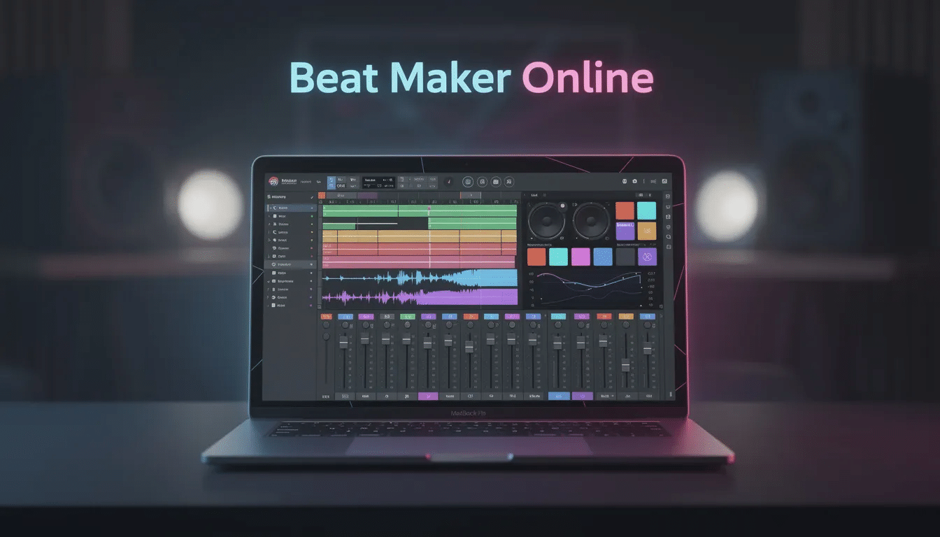 The image showcases a vibrant online interface for a music maker app, designed for users to create their own beats with various sound packs and loops. It features tools for music production, including options for hip hop and lo-fi genres, and highlights premium features for enhanced creativity and collaboration.