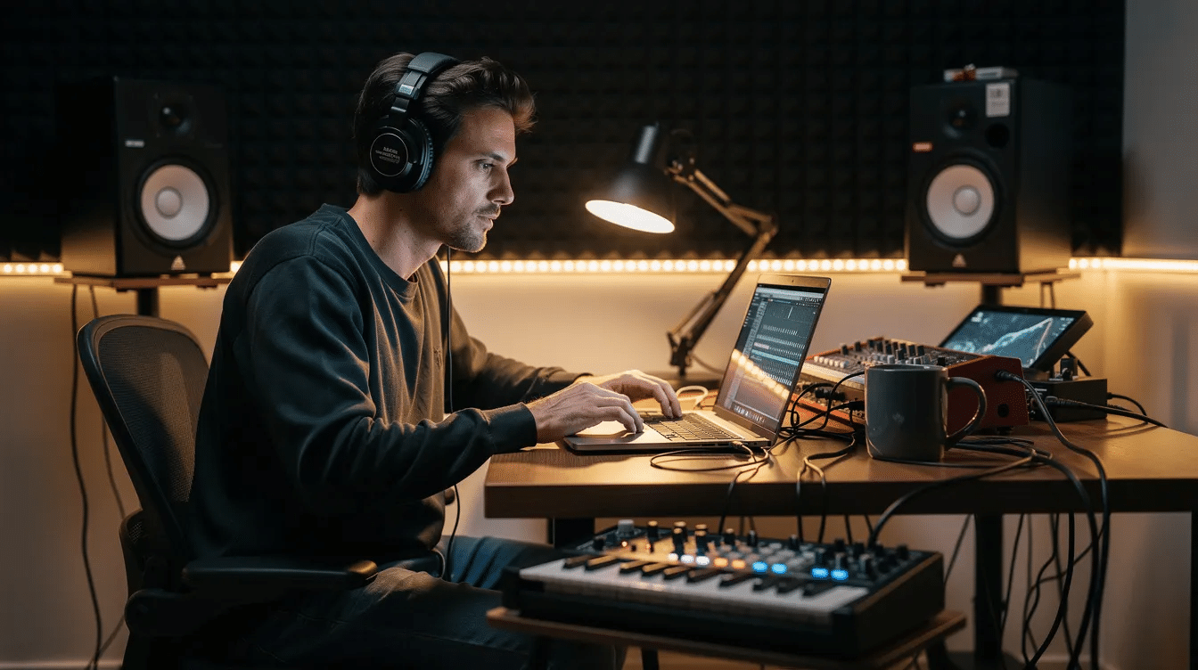 A music producer wearing headphones is focused on creating custom backing tracks at a laptop in a home studio, surrounded by various instruments and audio equipment. The scene captures the essence of music production, as the producer works to isolate guitar tracks and refine chord progressions for their favorite songs.