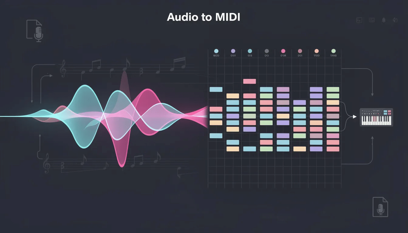 An image depicting an audio to MIDI converter interface, showcasing the process of converting audio files into MIDI tracks. It features options for uploading audio recordings, selecting supported formats, and editing MIDI notes for accurate music transcription.