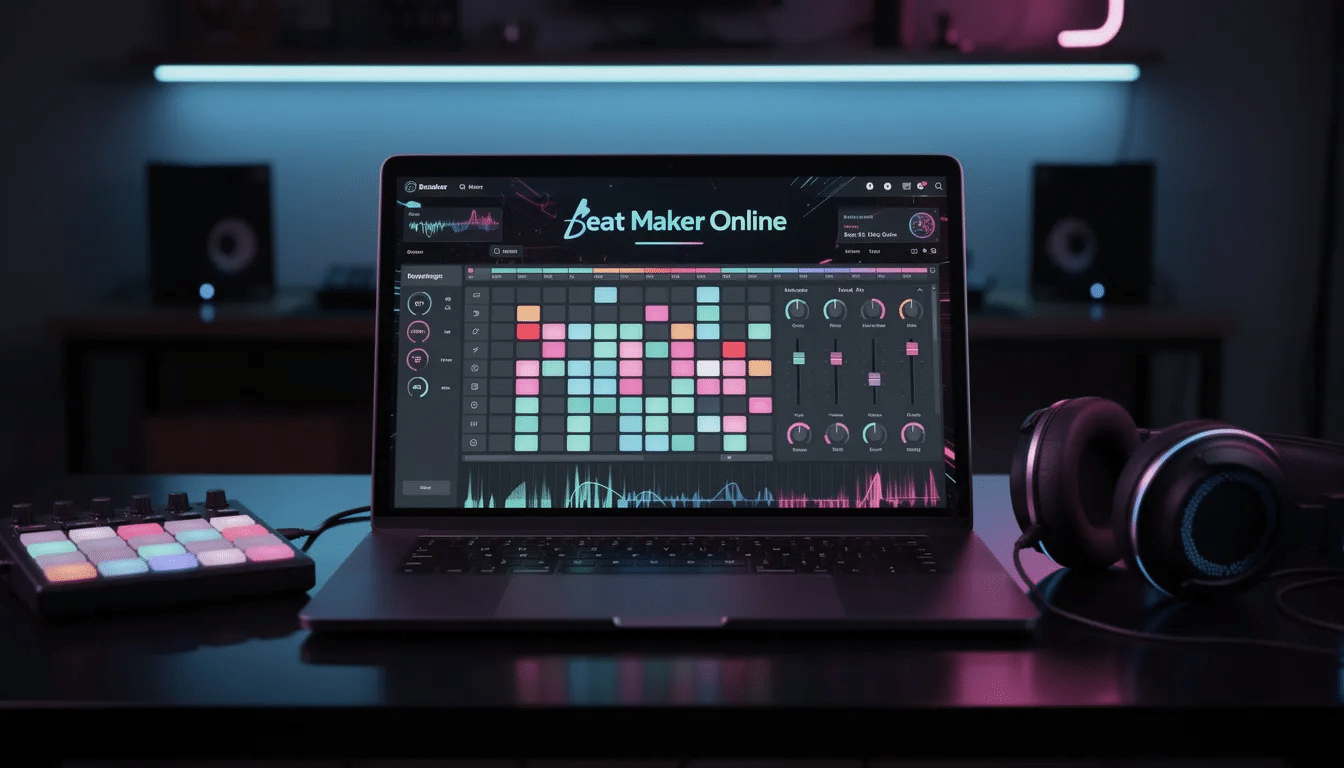 The image showcases a vibrant online interface for a music maker app, designed for users to create their own beats with various sound packs and loops. It features tools for music production, including options for hip hop and lo-fi genres, and highlights premium features for enhanced creativity and collaboration.