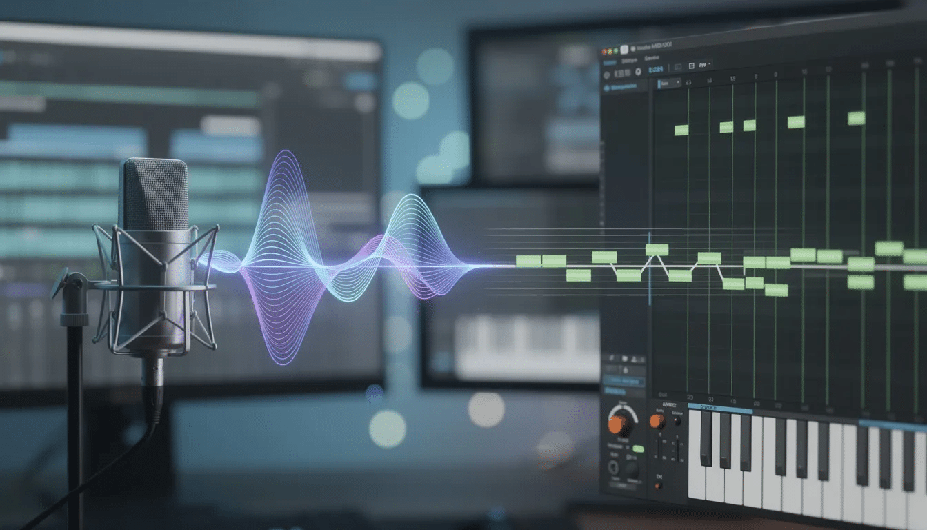 An image depicting an audio to MIDI converter interface, showcasing the process of converting audio files into MIDI tracks. It features options for uploading audio recordings, selecting supported formats, and editing MIDI notes for accurate music transcription.