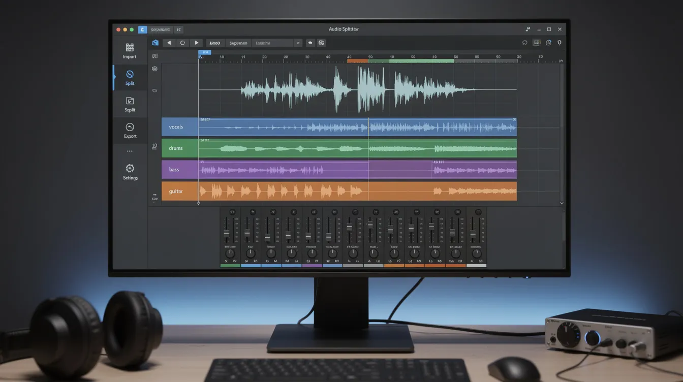 The image depicts a user-friendly interface of a splitter audio software, showcasing features for splitting audio and video files into multiple tracks. It highlights options for stem separation, allowing music producers and audio engineers to isolate vocals and instruments like electric guitar and drums for editing and distribution.