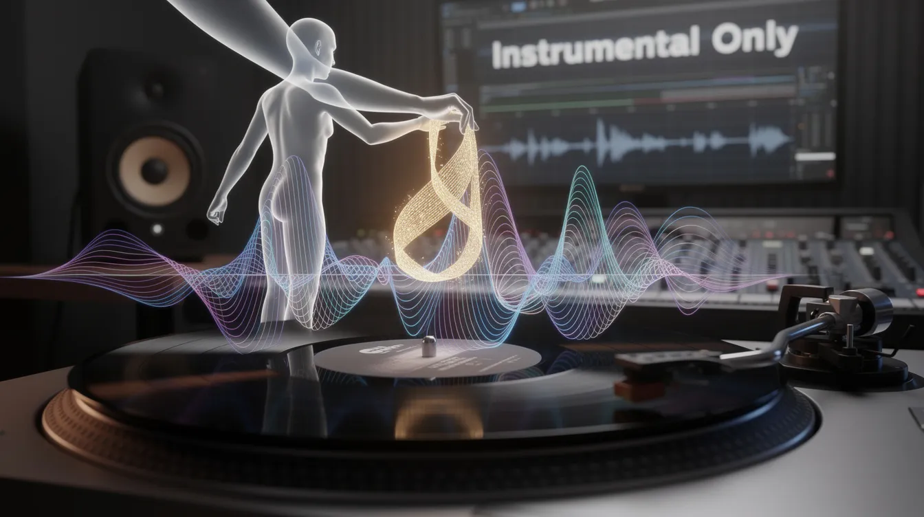 The image depicts a user-friendly online vocal remover tool interface, showcasing features that allow users to easily separate vocals from their favorite songs and create karaoke tracks. It highlights the powerful AI technology used to isolate vocals, ensuring high audio quality for music production and live performances.