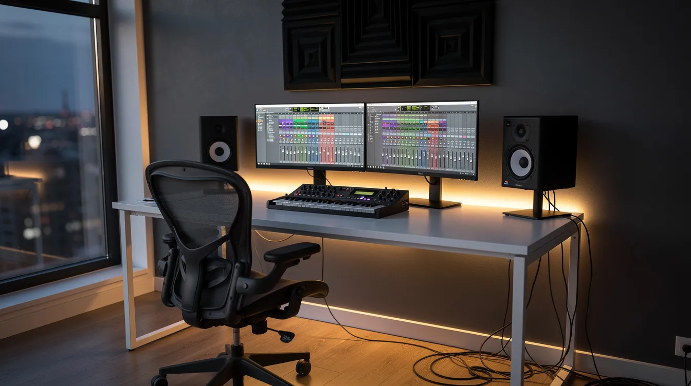 The image shows a modern home music studio featuring a sleek computer setup, dual monitors, and a MIDI controller, all designed for producing trap music and hip hop beats. The studio environment is equipped for creating high-quality trap sounds and is indicative of the production styles used by popular trap artists.