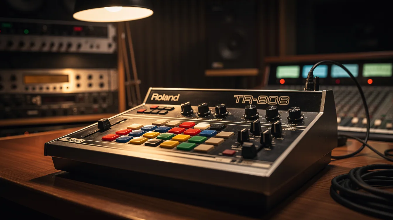 The image depicts a classic Roland TR-808 drum machine sitting in a dimly lit recording studio, a key instrument known for its significant influence on trap music and hip hop production. The warm glow of the studio lights highlights the machine's iconic buttons and knobs, reflecting its role in creating trap beats and shaping the sound of modern rap music.