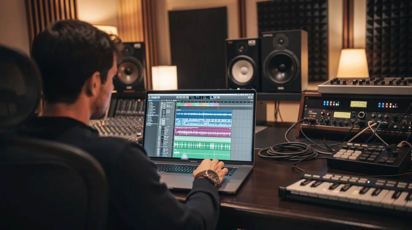 An audio engineer is seated in a professional studio, focused on reviewing multiple music files displayed on a laptop. The environment is equipped with various audio tools, highlighting the importance of accurate analysis and detection processes in the music industry, particularly for AI generated tracks.