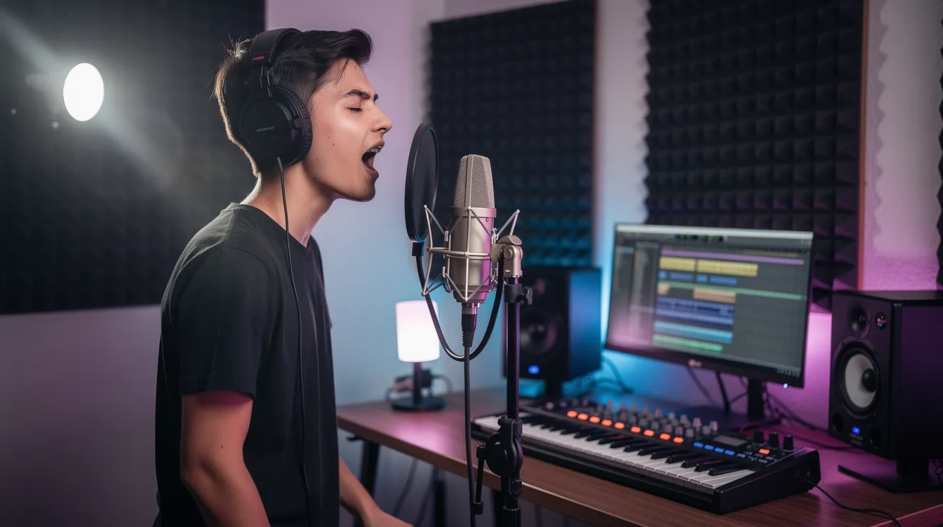 A young music creator is recording vocals in a vibrant home studio, illuminated by colorful lighting that creates a dynamic atmosphere. The scene captures the essence of creativity, reminiscent of the excitement found in the world of "Grand Theft Auto VI," as the artist focuses on their craft amidst a backdrop of neon-inspired decor.
