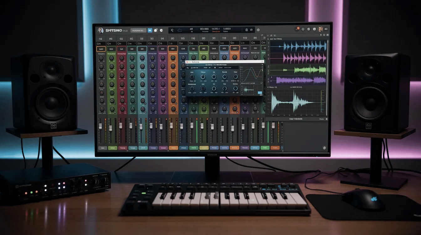 The image showcases a user-friendly online beat maker interface designed for music production, featuring various drum kits, sample packs, and tools for creating beats across different musical genres. It highlights the fun of collaborating in real-time with friends and music creators, allowing users to mix and remix their favorite songs easily.