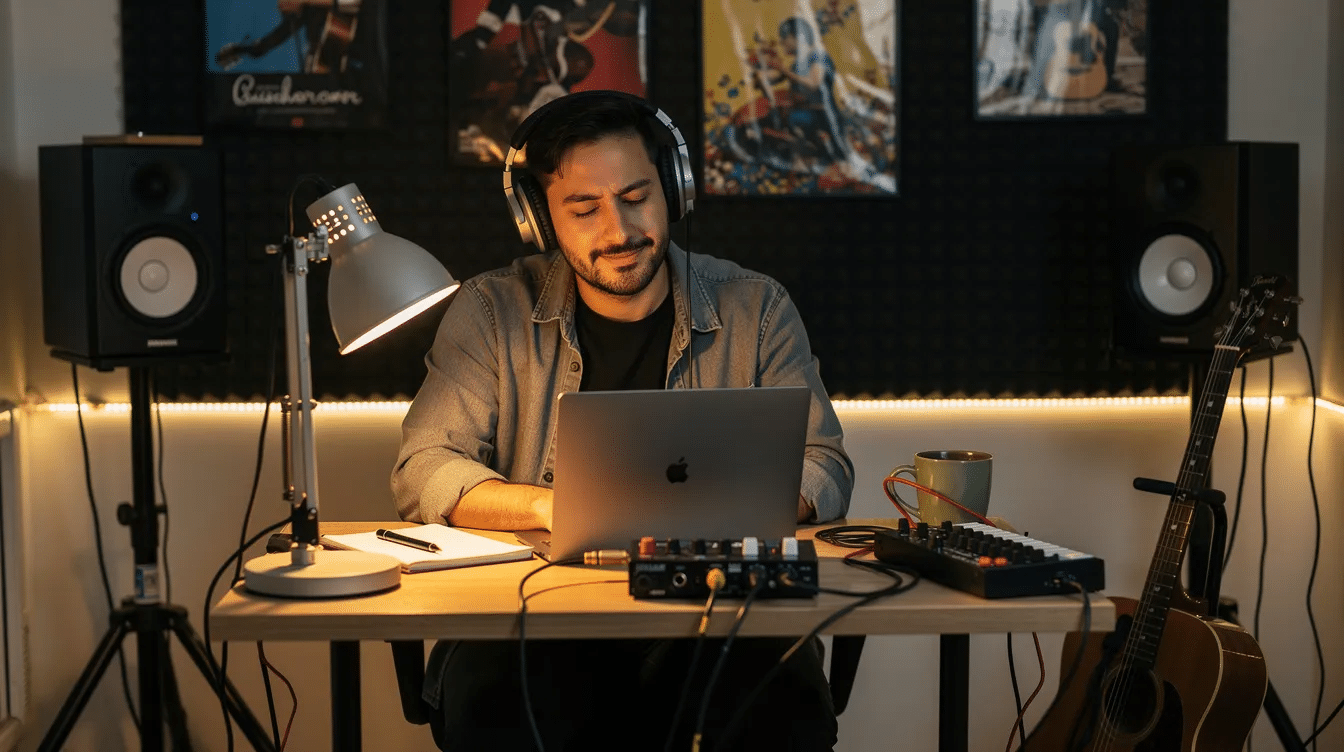 An independent musician is sitting in a home studio, wearing headphones and focused on listening to a track on a laptop, surrounded by audio equipment and tools for music production. The scene captures the essence of creativity in the music industry, highlighting the use of technology in the detection and analysis of audio files.