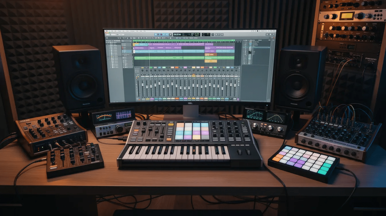 The image showcases a variety of music production tools, including drum kits, sample packs, and software interfaces designed for music creators. These user-friendly tools allow music producers to create and mix beats across different musical genres, making the process of beat making fun and accessible for both beginners and experienced musicians.