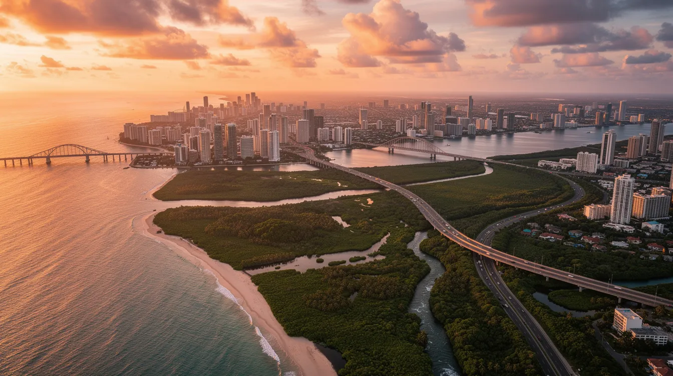 The image showcases a wide aerial view of a vibrant tropical city at sunset, with sprawling coastal highways, intricate bridges, and lush wetlands. This picturesque scene evokes the neon-soaked streets of Vice City, reminiscent of the world in "Grand Theft Auto VI."