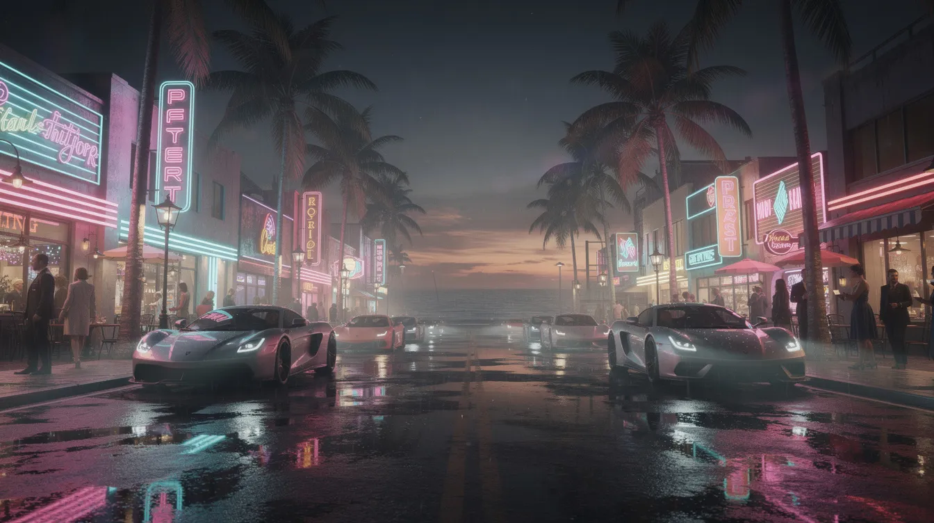 The image depicts a vibrant neon coastal city street filled with sleek sports cars and lined with palm trees, creating a lively nightlife atmosphere reminiscent of Vice City. This scene captures the essence of Grand Theft Auto VI, showcasing the game's immersive world of criminal conspiracy and excitement.