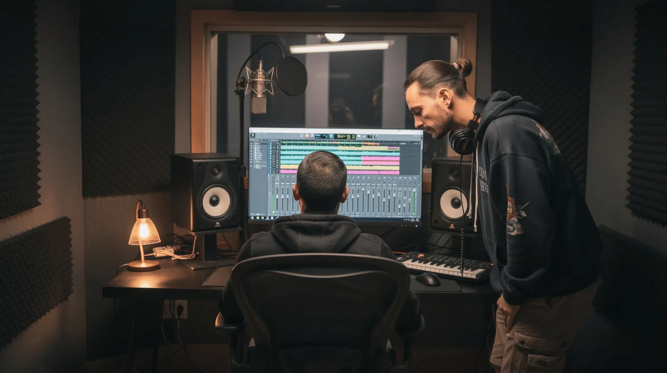 A producer and vocalist are intently reviewing a mix on studio monitors in a small recording room, surrounded by audio equipment and soundproofing materials. The atmosphere reflects a focused session in the music industry, where they analyze the audio files to ensure the quality of their tracks.