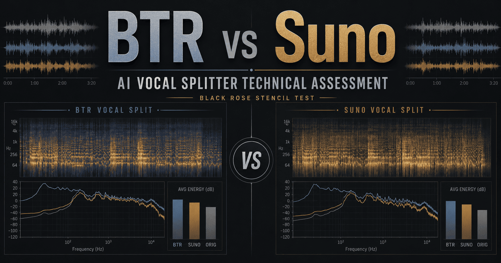BTR vs Suno AI Vocal Splitter technical assessment showing waveform, spectrogram and frequency analysis for the Black Rose Stencil test.
