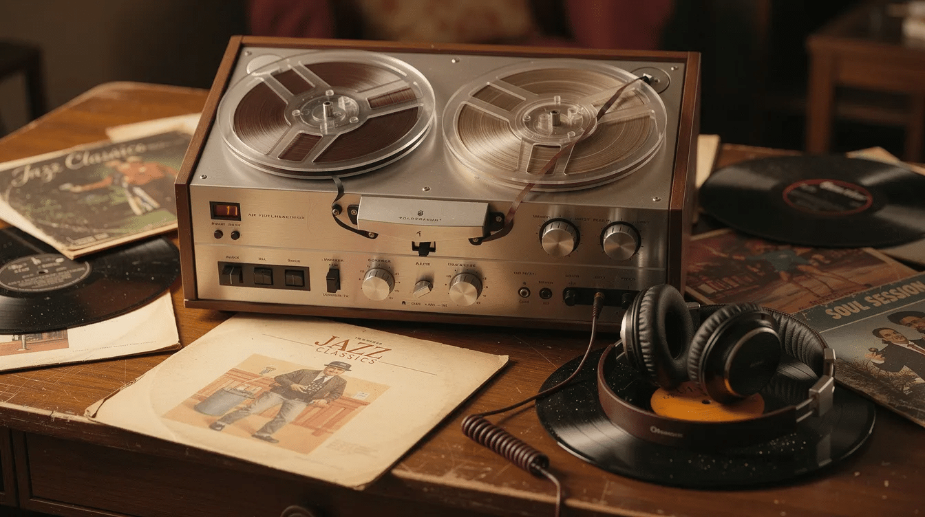 A vintage reel-to-reel tape recorder sits on a wooden desk, surrounded by scattered vinyl records and a pair of over-ear headphones, creating a nostalgic atmosphere reminiscent of lo fi music production and home recordings. The scene evokes a distinct aesthetic, inviting listeners to imagine the warm sounds of indie rock and lo fi hip hop tracks.