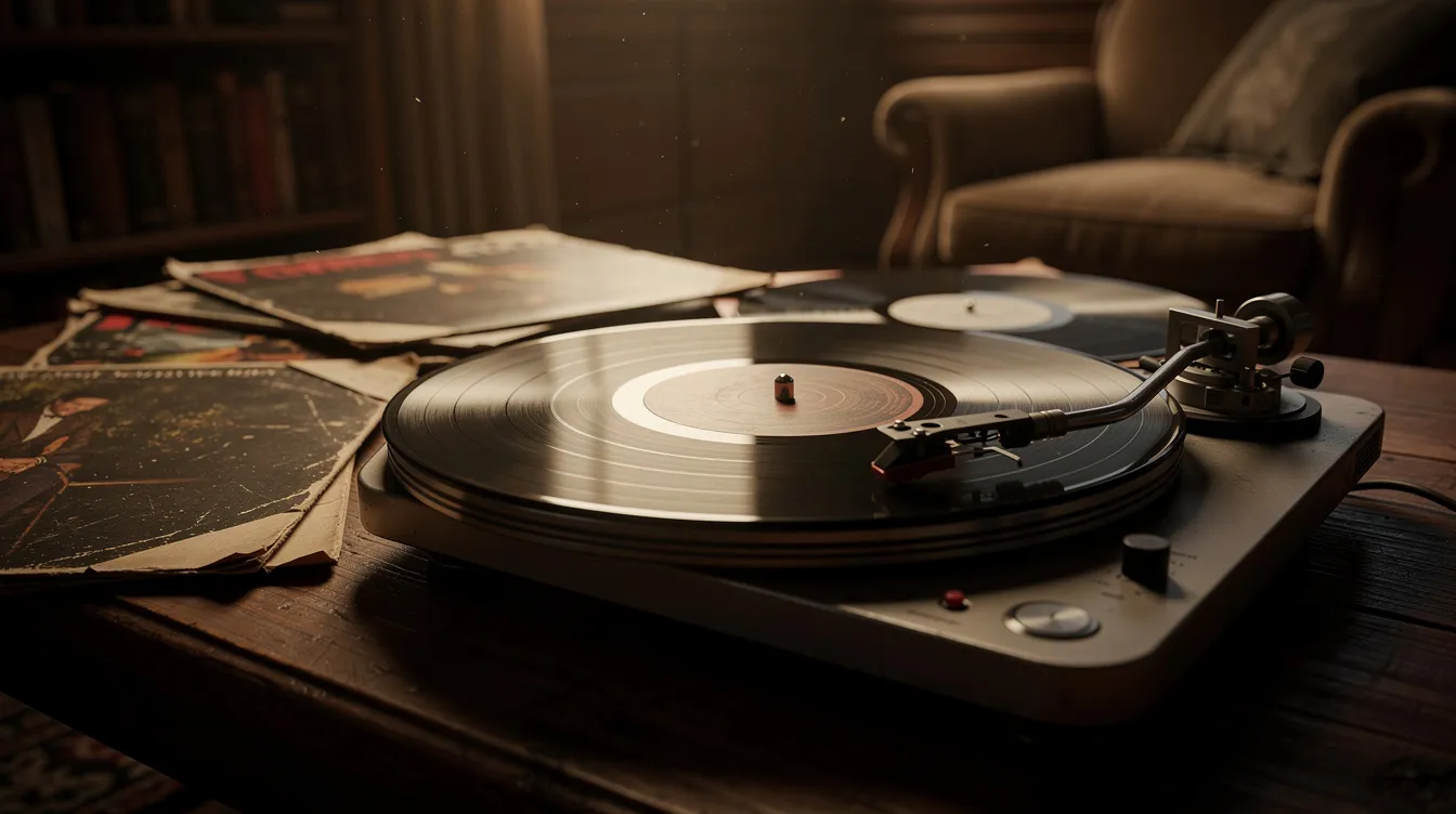 The image features a vintage turntable and a collection of vinyl records arranged on a wooden table, illuminated by soft, dim lighting that creates a cozy atmosphere. This setting evokes the essence of old school hip hop and jazz rap, inviting listeners to explore the rich history of rap music.
