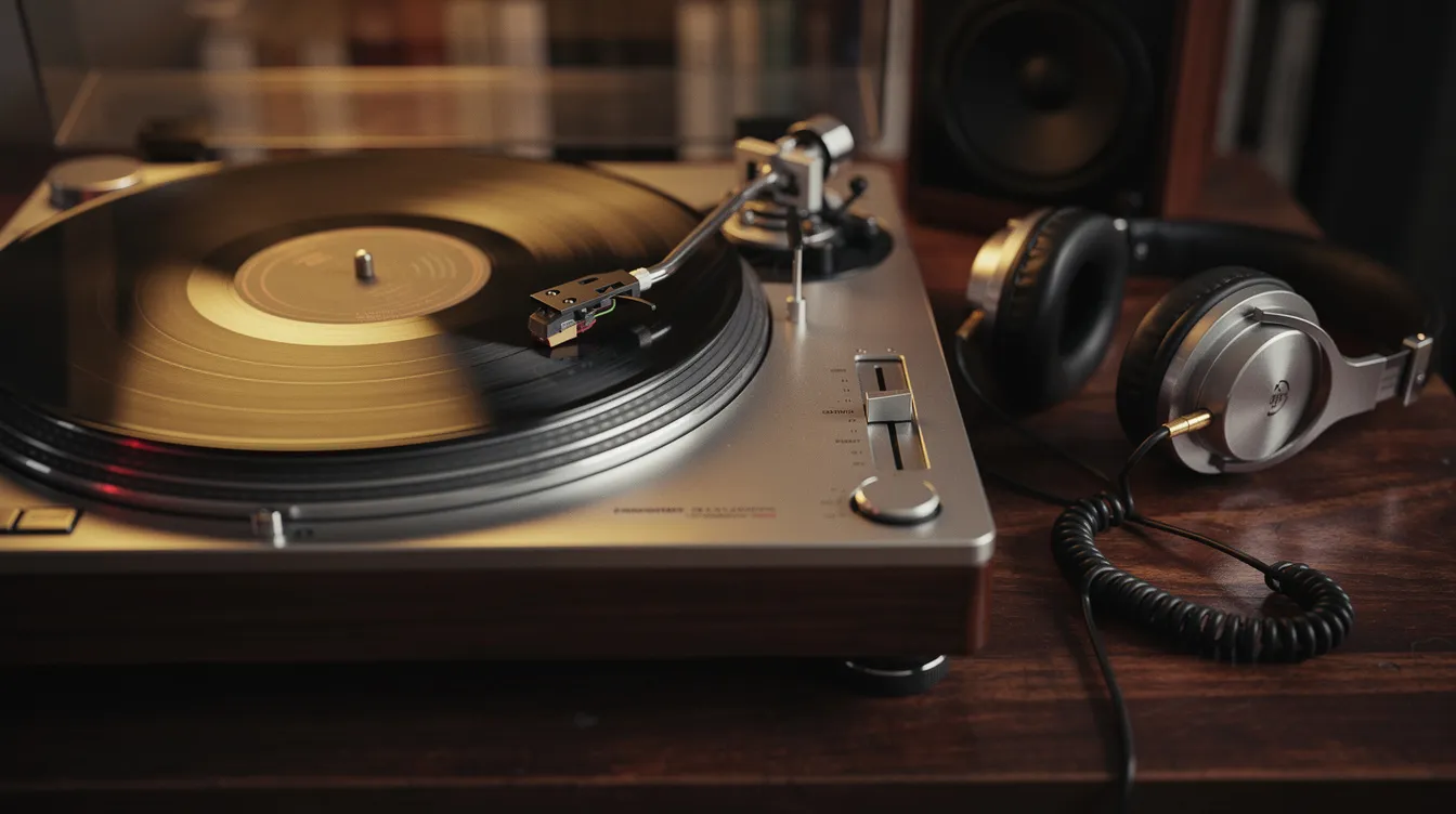 A vintage turntable with a vinyl record spinning is illuminated by warm amber lighting, while a pair of headphones rests nearby on a wooden surface, creating a cozy atmosphere perfect for listening to lofi beats or relaxing study sessions. The scene evokes a nostalgic vibe reminiscent of the lofi girl YouTube channel, inviting viewers to unwind and enjoy chill beats.