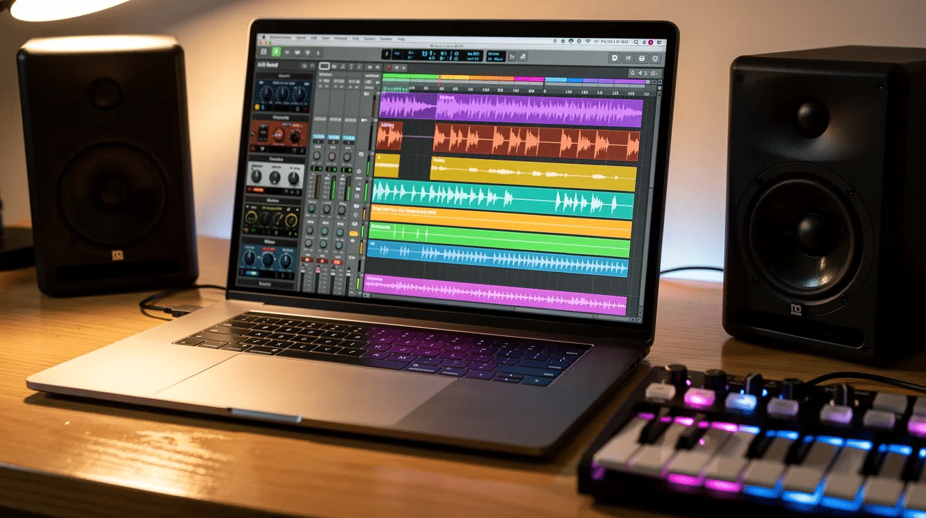 The image shows a close-up of a laptop screen displaying a digital audio workstation filled with colorful waveforms, alongside a MIDI keyboard and studio monitors on a wooden desk, creating an inviting atmosphere for music production. This setup is ideal for producing modern lo-fi music, capturing a distinct aesthetic that resonates with indie and chill genres.