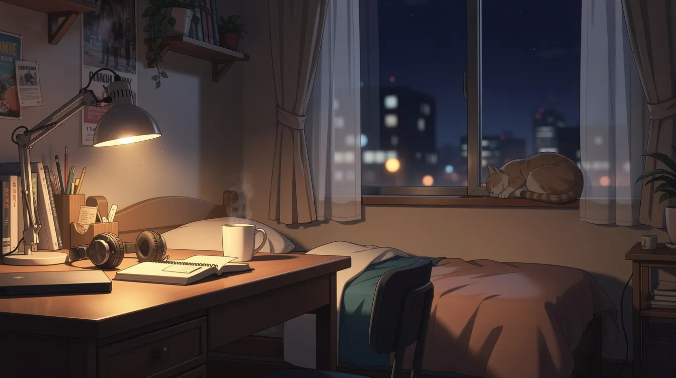 The image depicts a cozy animated bedroom at night, featuring a desk illuminated by a glowing lamp, headphones resting nearby, and a cat peacefully napping on the windowsill. Through the window, a cityscape can be seen, creating a tranquil atmosphere perfect for studying or relaxing to lofi beats.